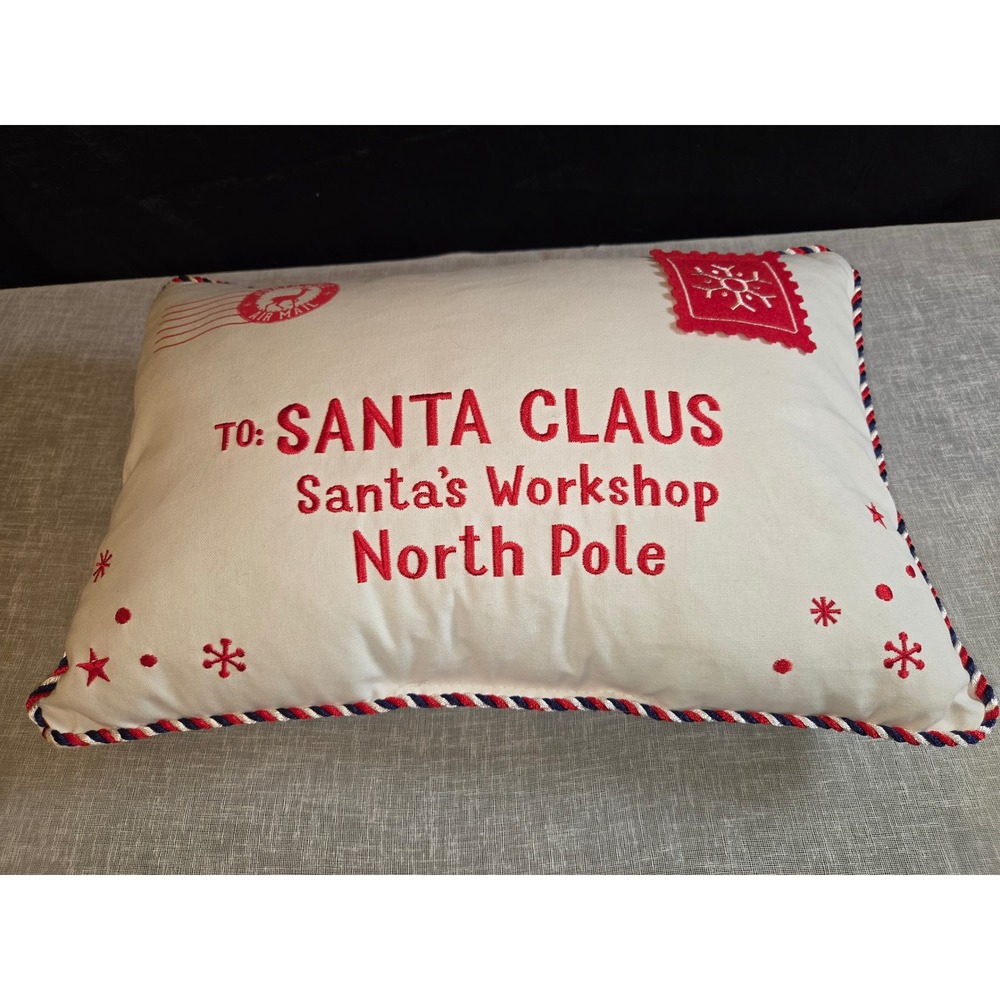 Santa Claus North Pole Letter Christmas Decorative Pillow Red White Blue Trim